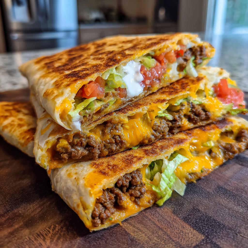 Three stacked slices of homemade ground beef crunchwraps, filled with seasoned ground beef, melted cheese, lettuce, tomatoes, and sour cream.