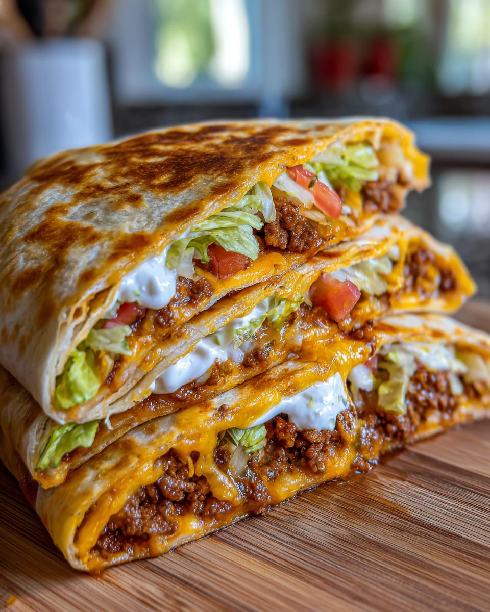 A stack of three homemade ground beef crunchwraps filled with seasoned ground beef, melted cheese, lettuce, tomatoes, and sour cream.