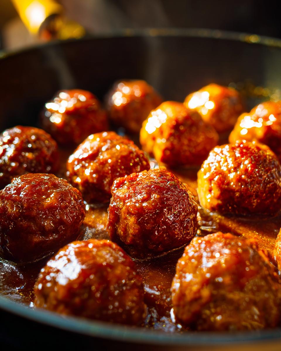 Close-up of juicy ground beef meatballs simmering in a rich, glossy sauce in a skillet.
