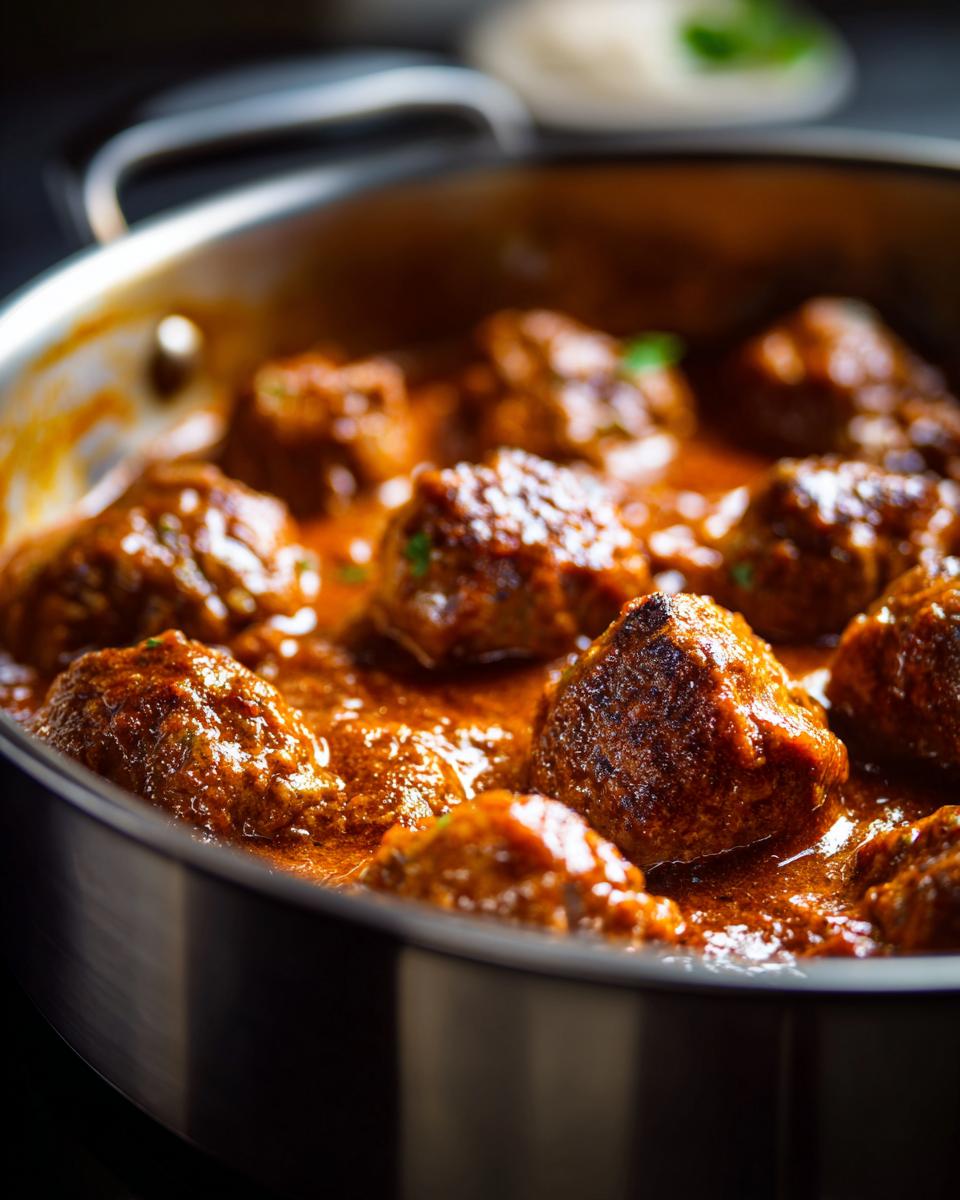 Close-up of juicy ground beef meatballs simmering in a rich, savory sauce, perfect for cozy ground beef recipes.