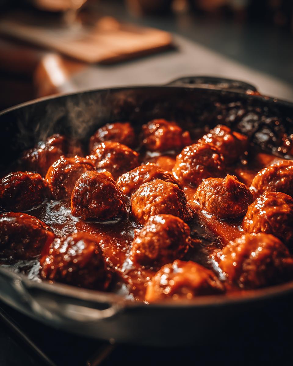 Close-up of delicious ground beef meatballs simmering in a rich, savory sauce in a cast-iron skillet.