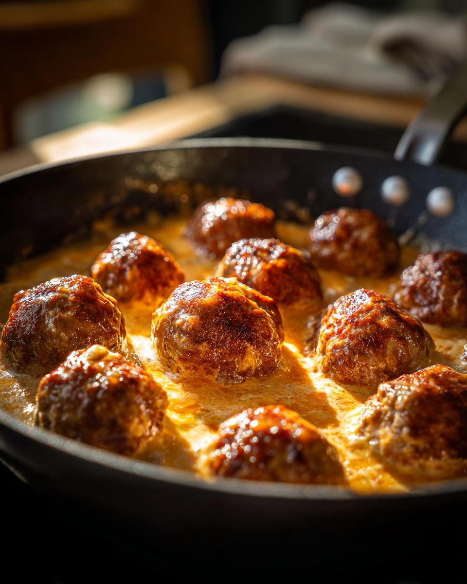 Close-up of golden-brown ground beef meatballs simmering in a rich, creamy sauce in a black skillet.