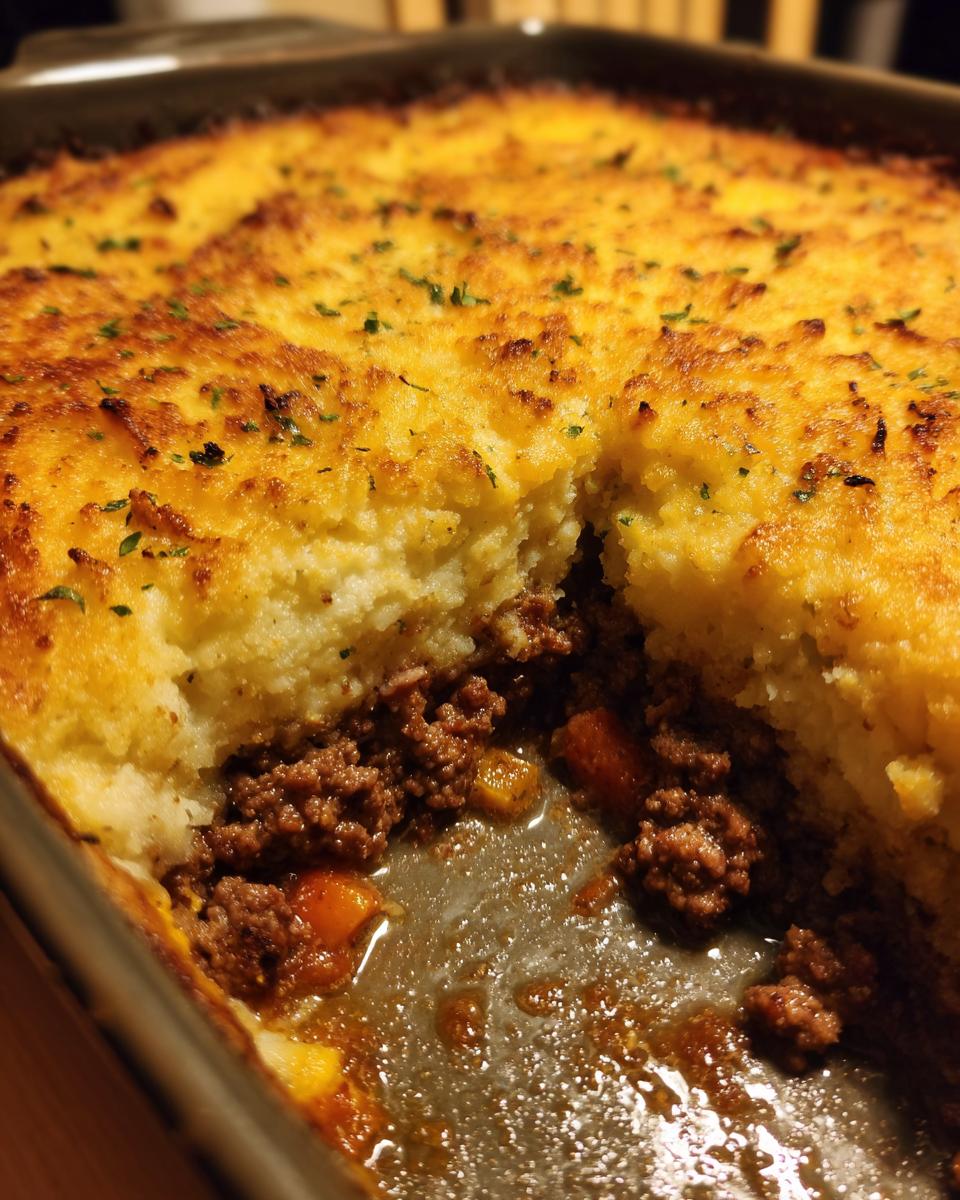 Close-up of a hearty Shepherd's Pie made with ground beef and topped with mashed potatoes, a comforting dish.
