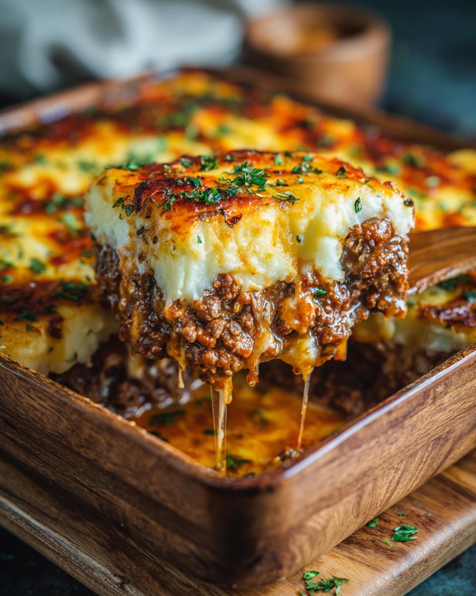 A slice of rich and hearty Shepherd's Pie made with ground beef and topped with mashed potatoes, being lifted from a wooden dish.