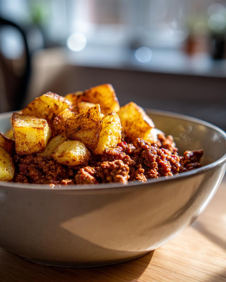 A close-up of a bowl filled with seasoned ground beef and crispy potato cubes, part of a ground beef recipe for sloppy joe bowls.