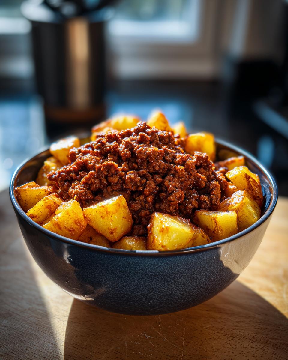 A close-up of a bowl filled with crispy potatoes topped with seasoned ground beef, part of ground beef recipes for sloppy joe bowls.