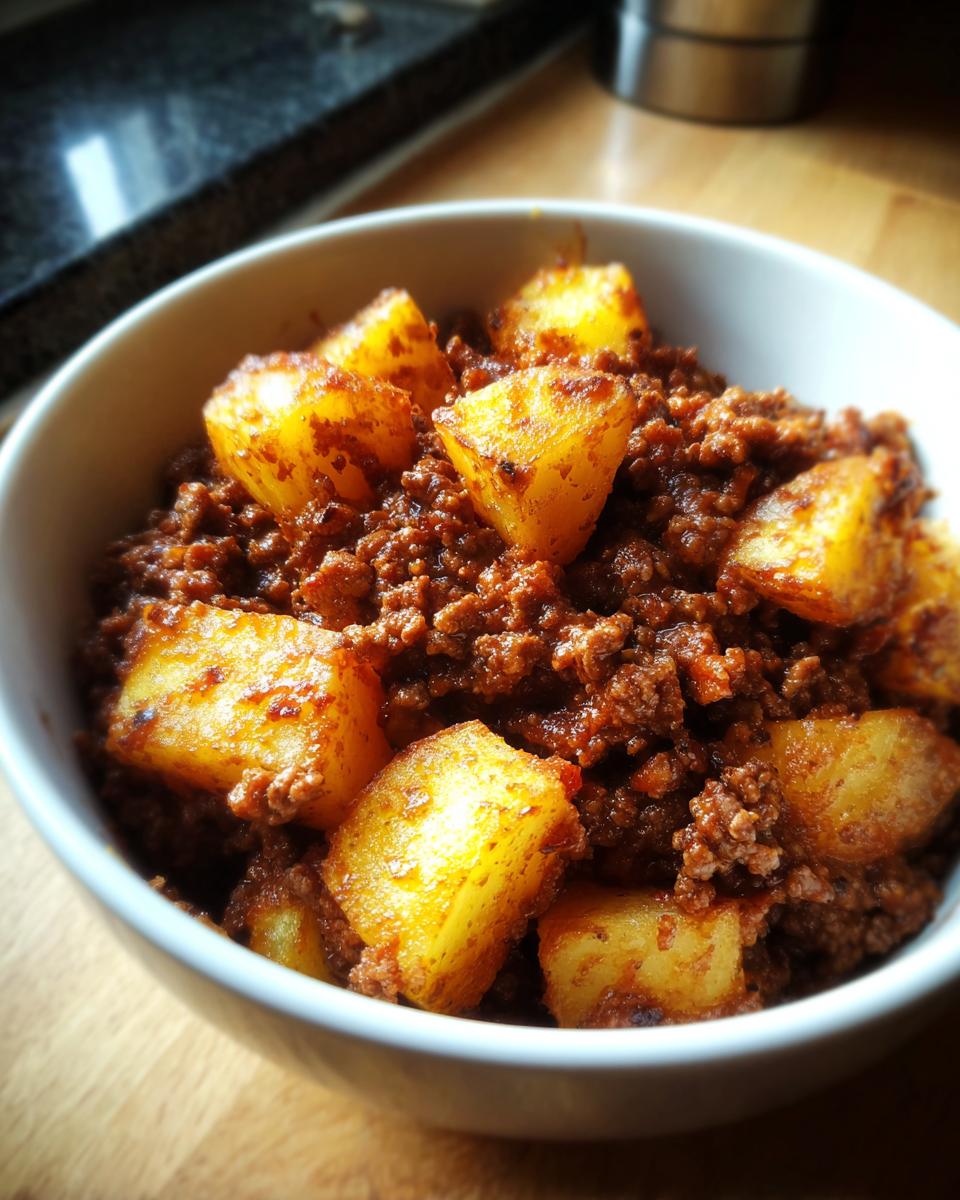 A white bowl filled with ground beef recipes for sloppy joe bowls with crispy potatoes.