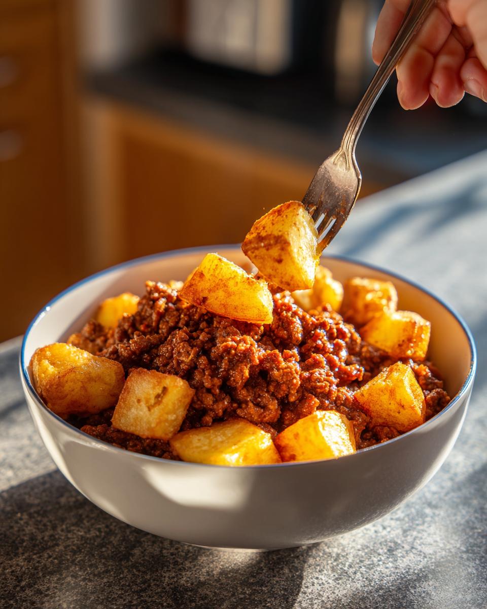 A fork picks up a crispy potato cube from a bowl of ground beef sloppy joe mixture.