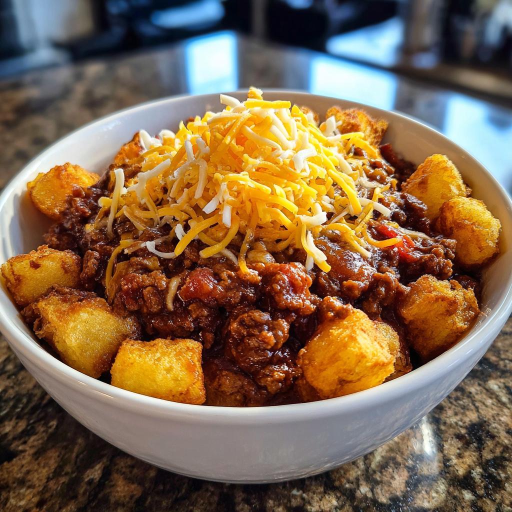 A close-up of a white bowl filled with ground beef sloppy joe mixture and crispy potato cubes, topped with shredded cheese.