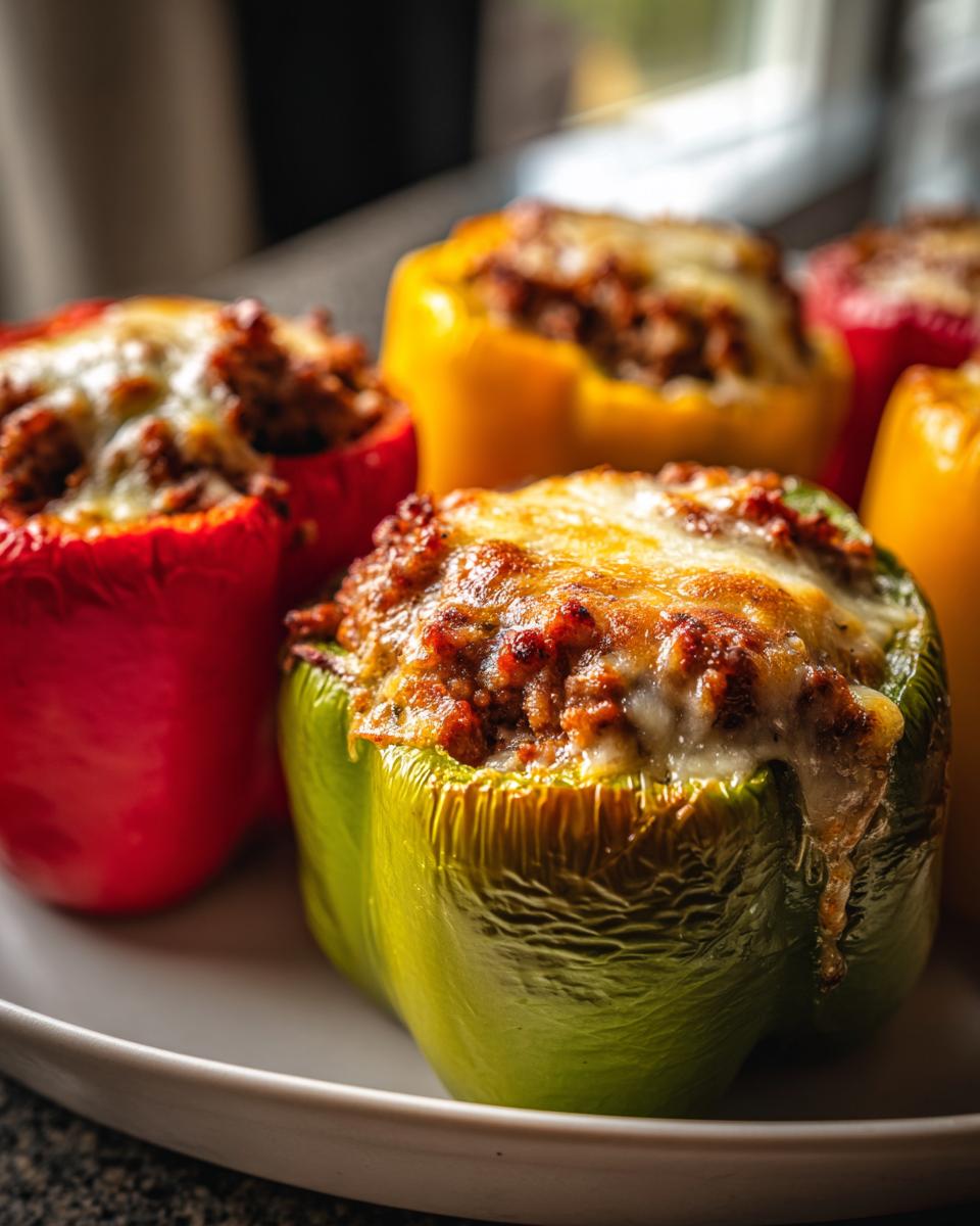 Close-up of colorful ground beef stuffed bell peppers, topped with melted cheese.
