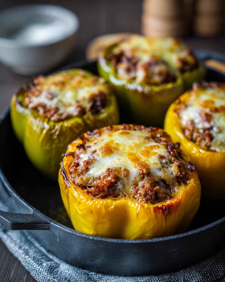Close-up of flavorful ground beef stuffed bell peppers, topped with melted cheese, in a cast-iron skillet.