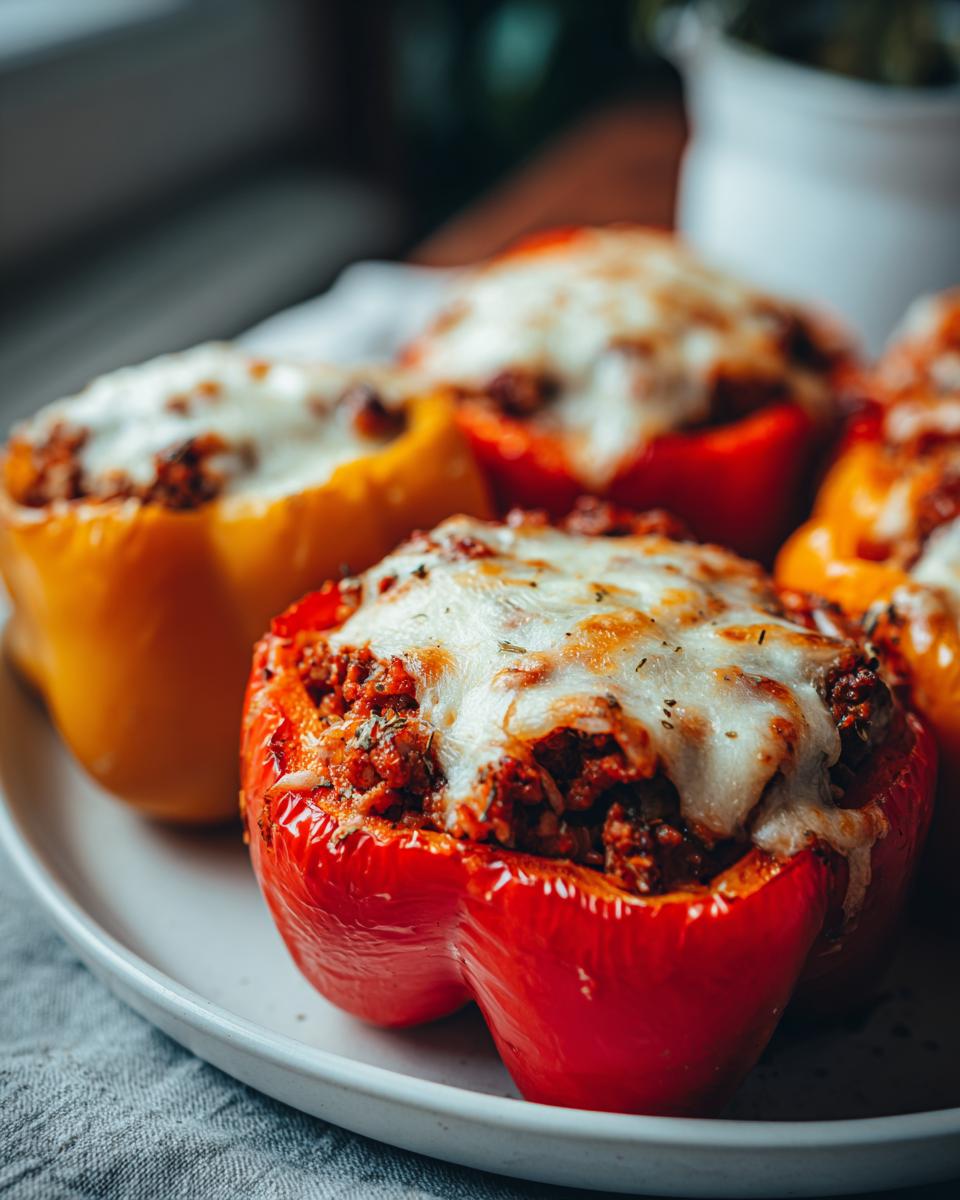 Close-up of red and yellow bell peppers stuffed with ground beef mixture and topped with melted cheese.