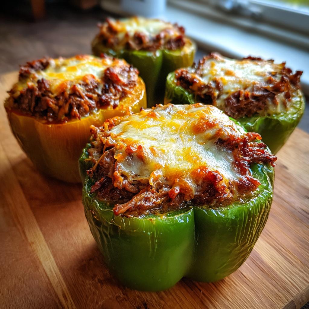 Four delicious ground beef stuffed bell peppers, topped with melted cheese, ready to serve.