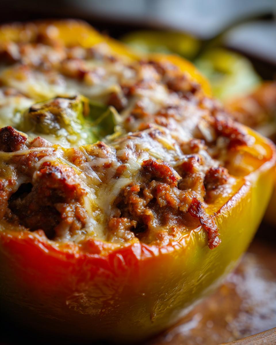 Close-up of a delicious ground beef stuffed bell pepper, topped with melted cheese.
