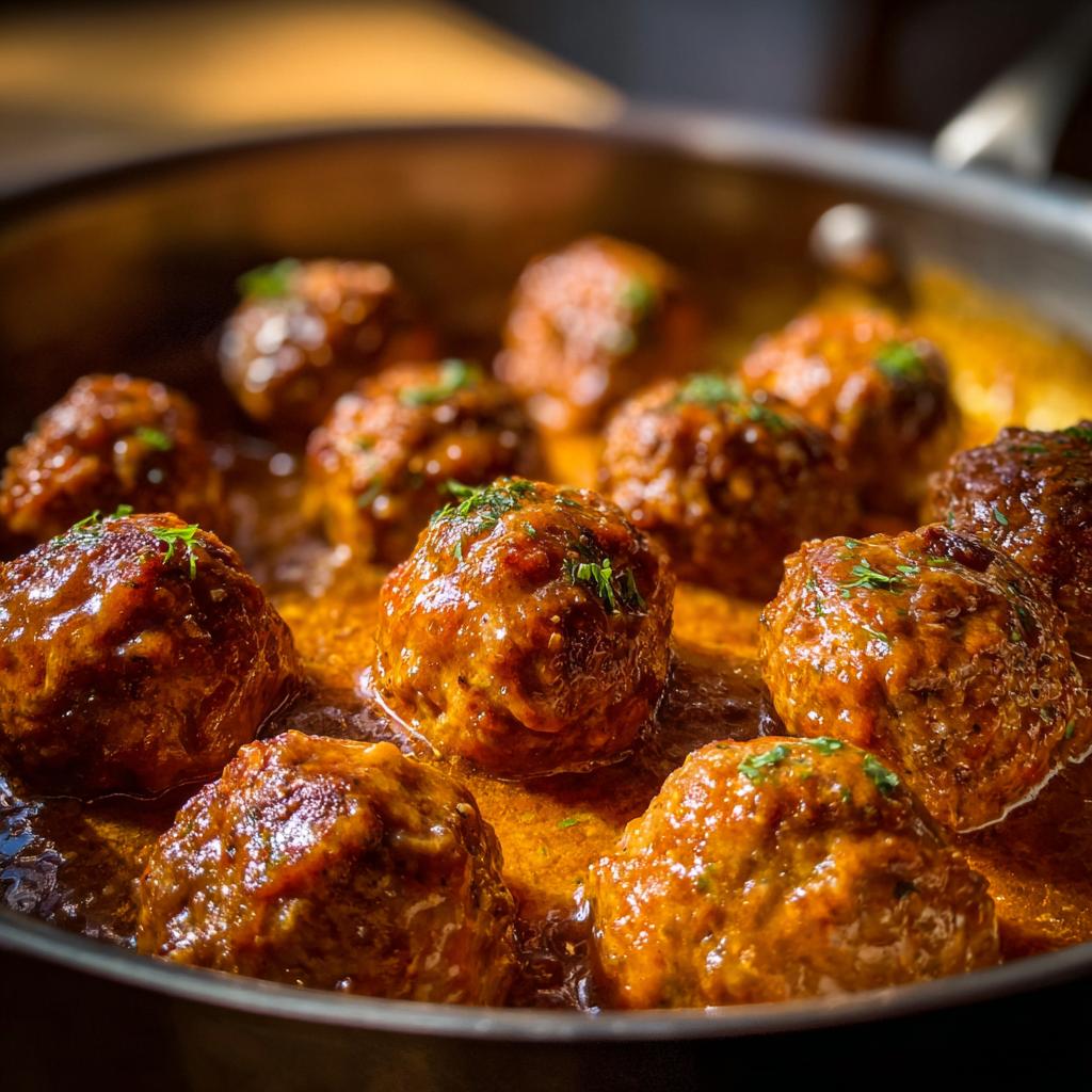 Close-up of juicy Swedish meatballs simmering in a rich, savory sauce, garnished with fresh herbs.