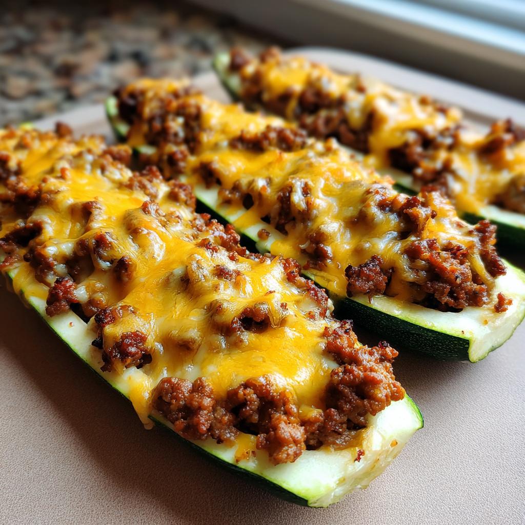 Close-up of baked zucchini boats filled with seasoned ground beef and topped with melted cheddar cheese.