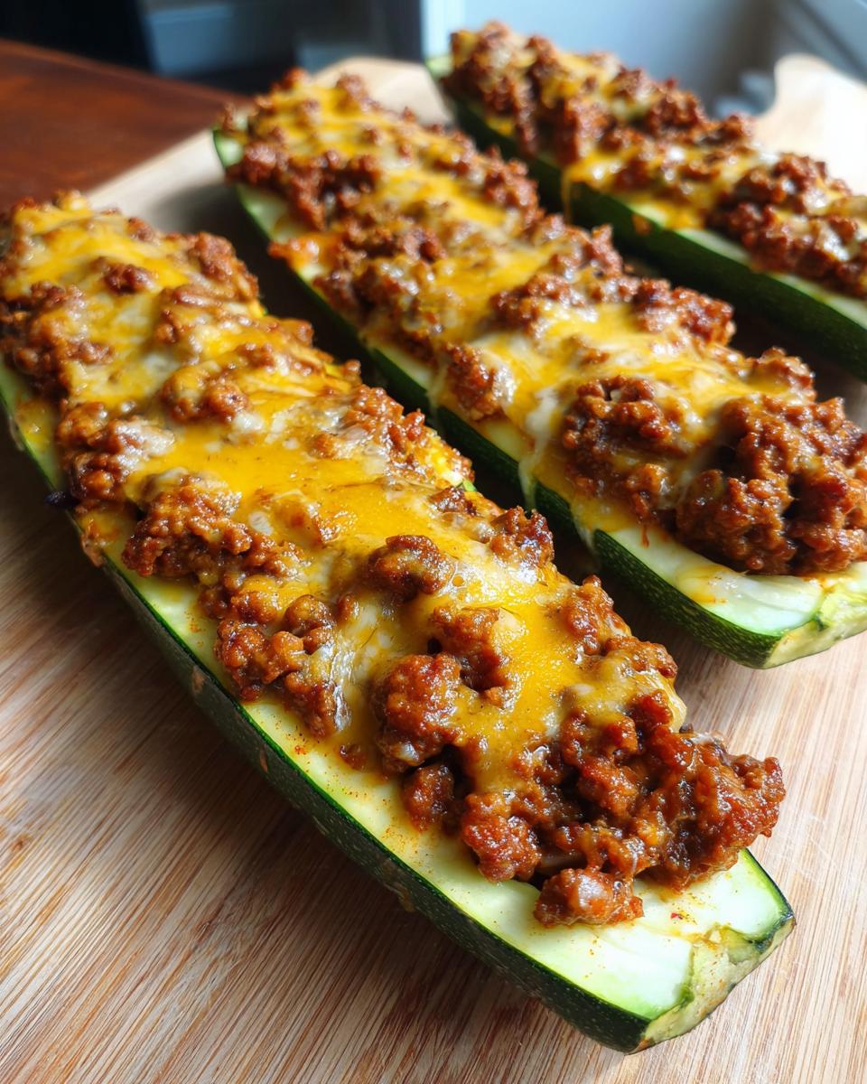Close-up of baked zucchini boats filled with seasoned ground beef and melted cheese.