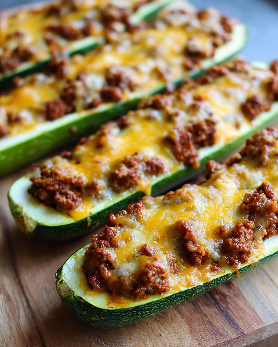 Close-up of baked zucchini boats filled with seasoned ground beef and melted cheese.