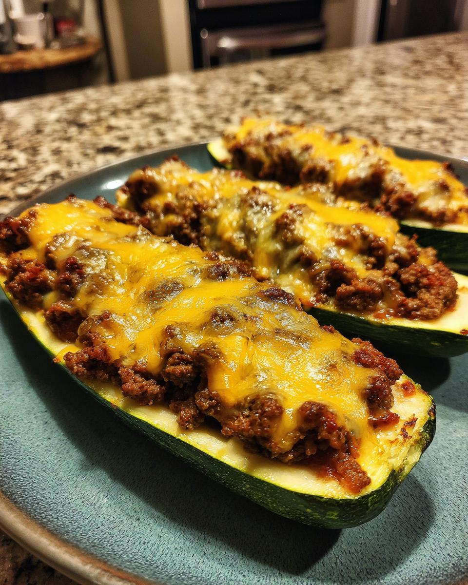Three baked zucchini boats filled with seasoned ground beef and topped with melted cheddar cheese.