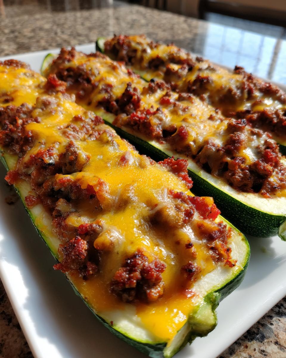 Close-up of baked zucchini boats filled with seasoned ground beef and topped with melted cheese.