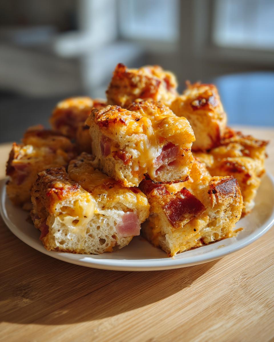 A stack of golden-brown baked ham and cheese croissant casserole squares, showcasing melted cheese and chunks of ham.