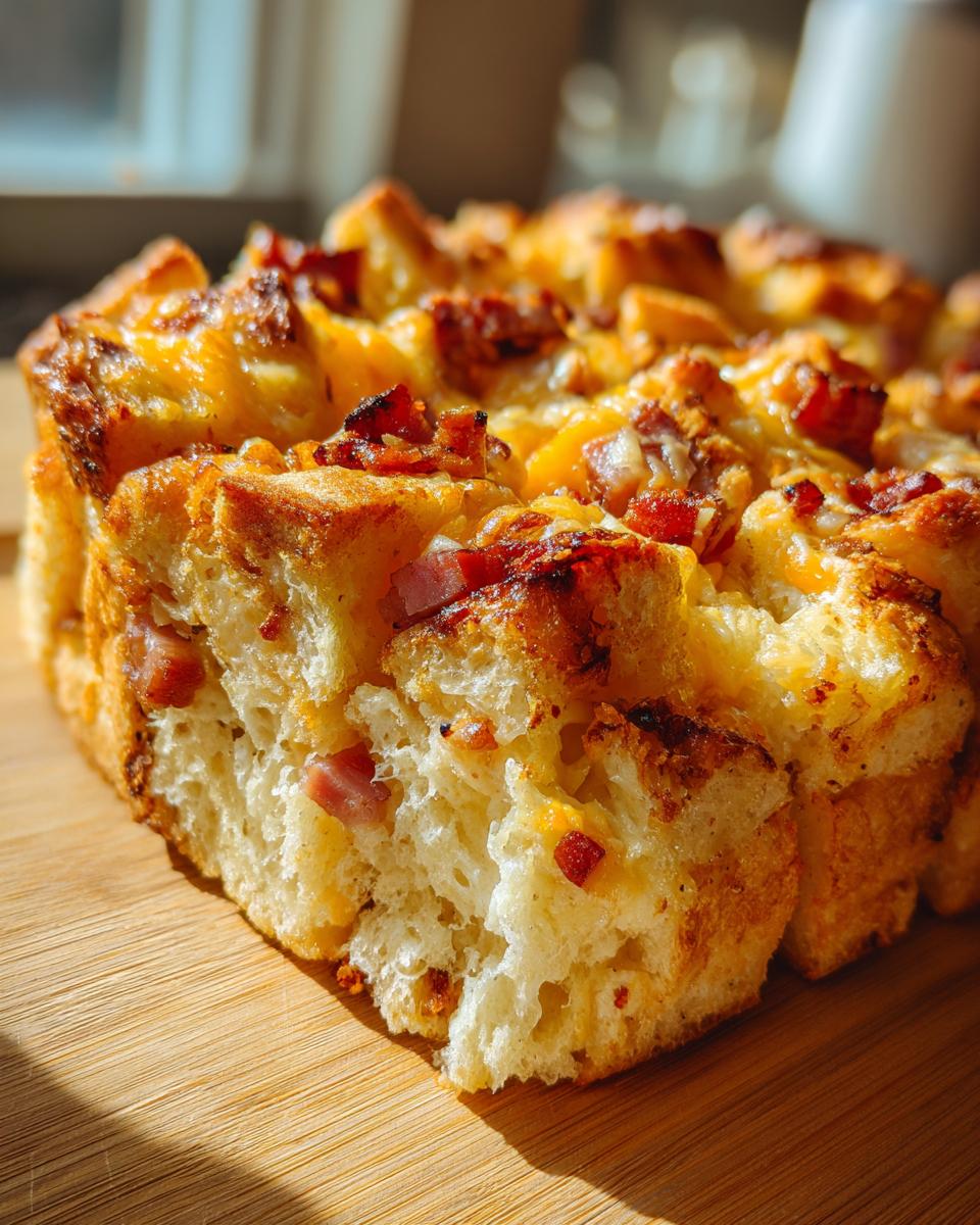 Close-up of a golden-brown Ham and Cheese Croissant Casserole, showing flaky croissant pieces, melted cheese, and diced ham.