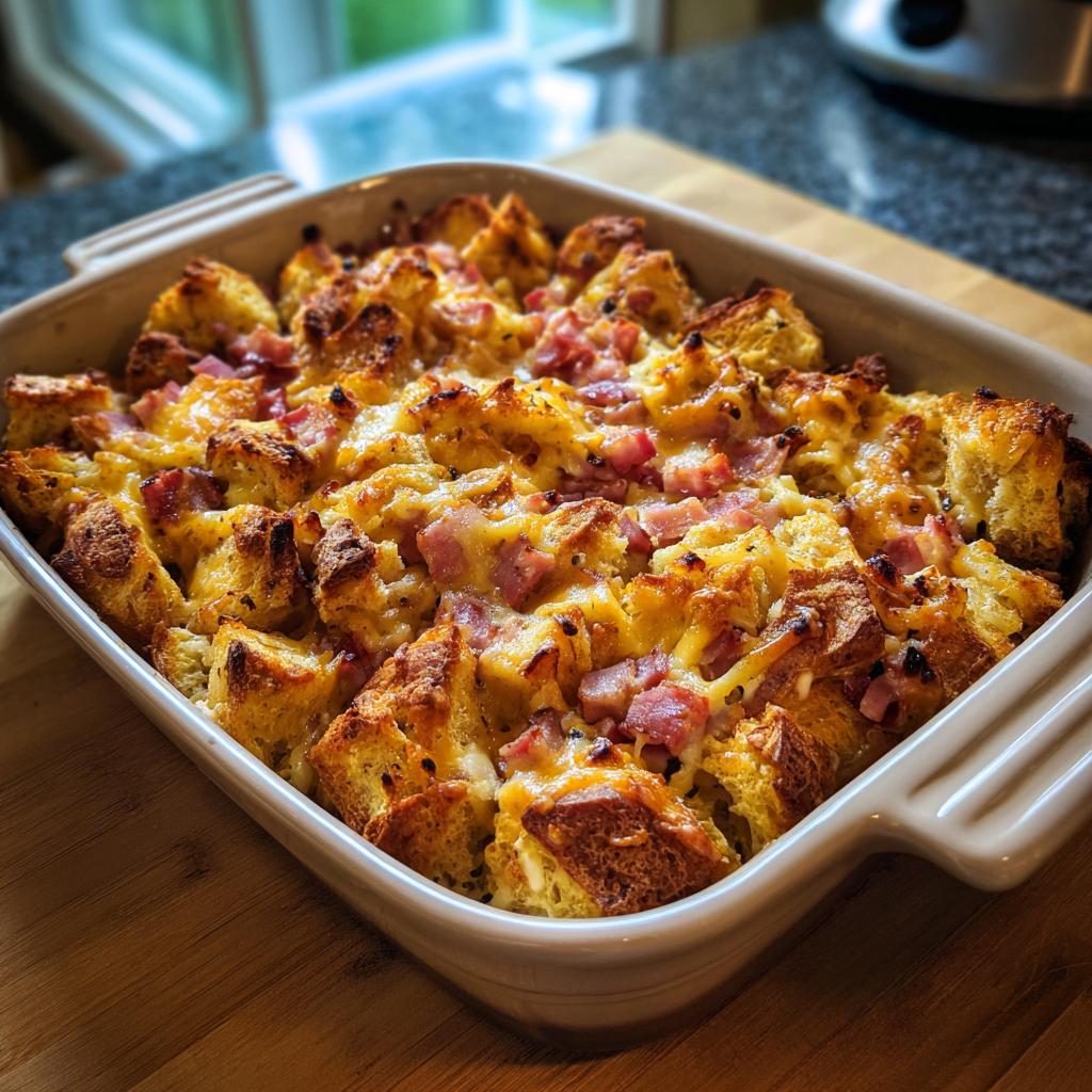 A golden-brown baked ham and cheese croissant casserole in a baking dish, perfect for breakfast ideas.