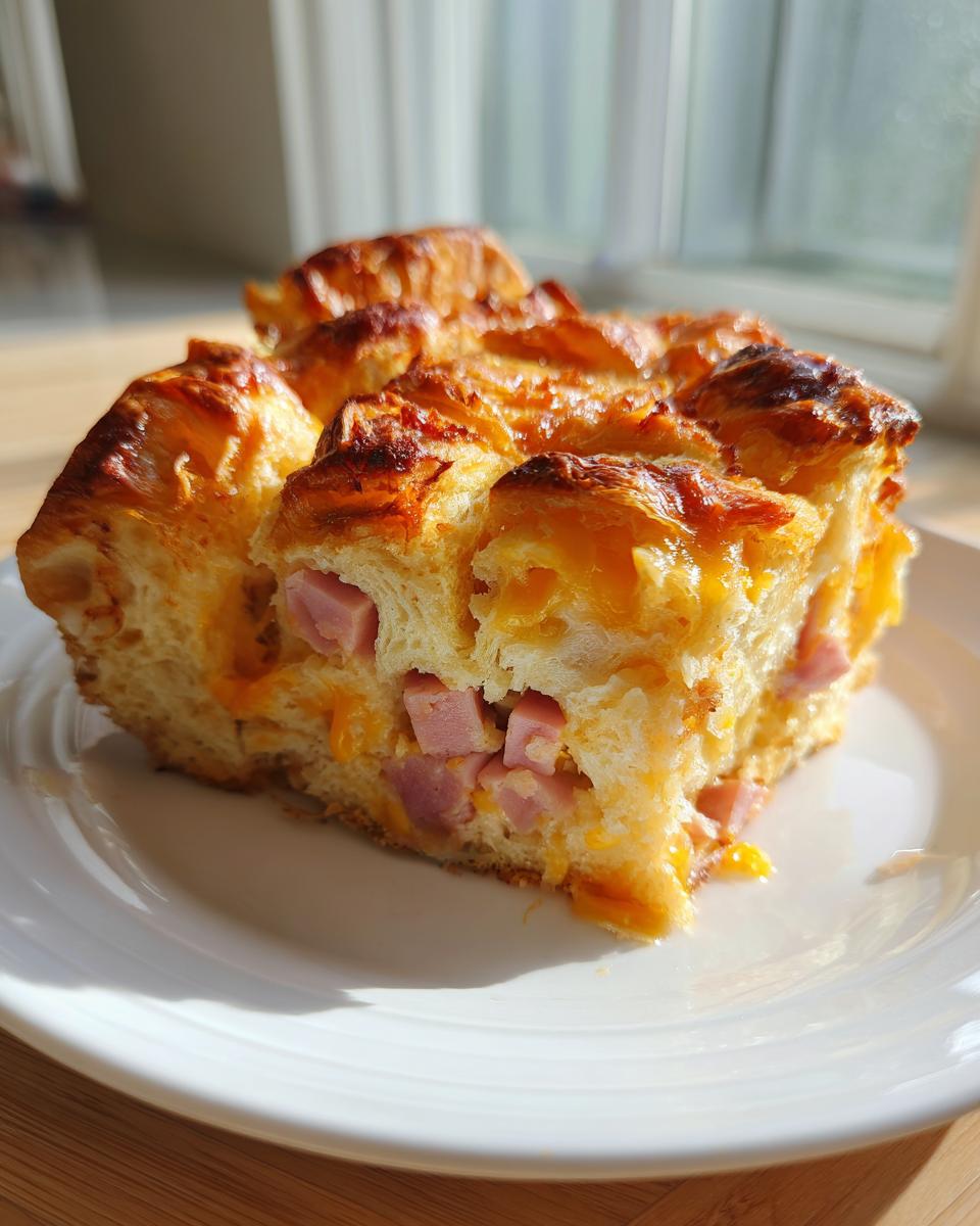 A slice of ham and cheese croissant casserole on a white plate, showing flaky pastry, diced ham, and melted cheddar cheese.