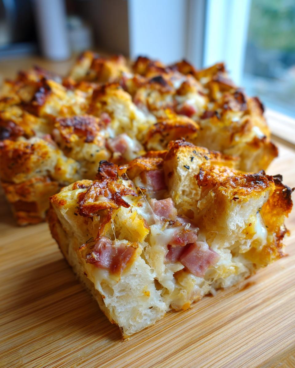 A close-up of a slice of ham and cheese croissant casserole, showing layers of flaky croissant, melted cheese, and diced ham.