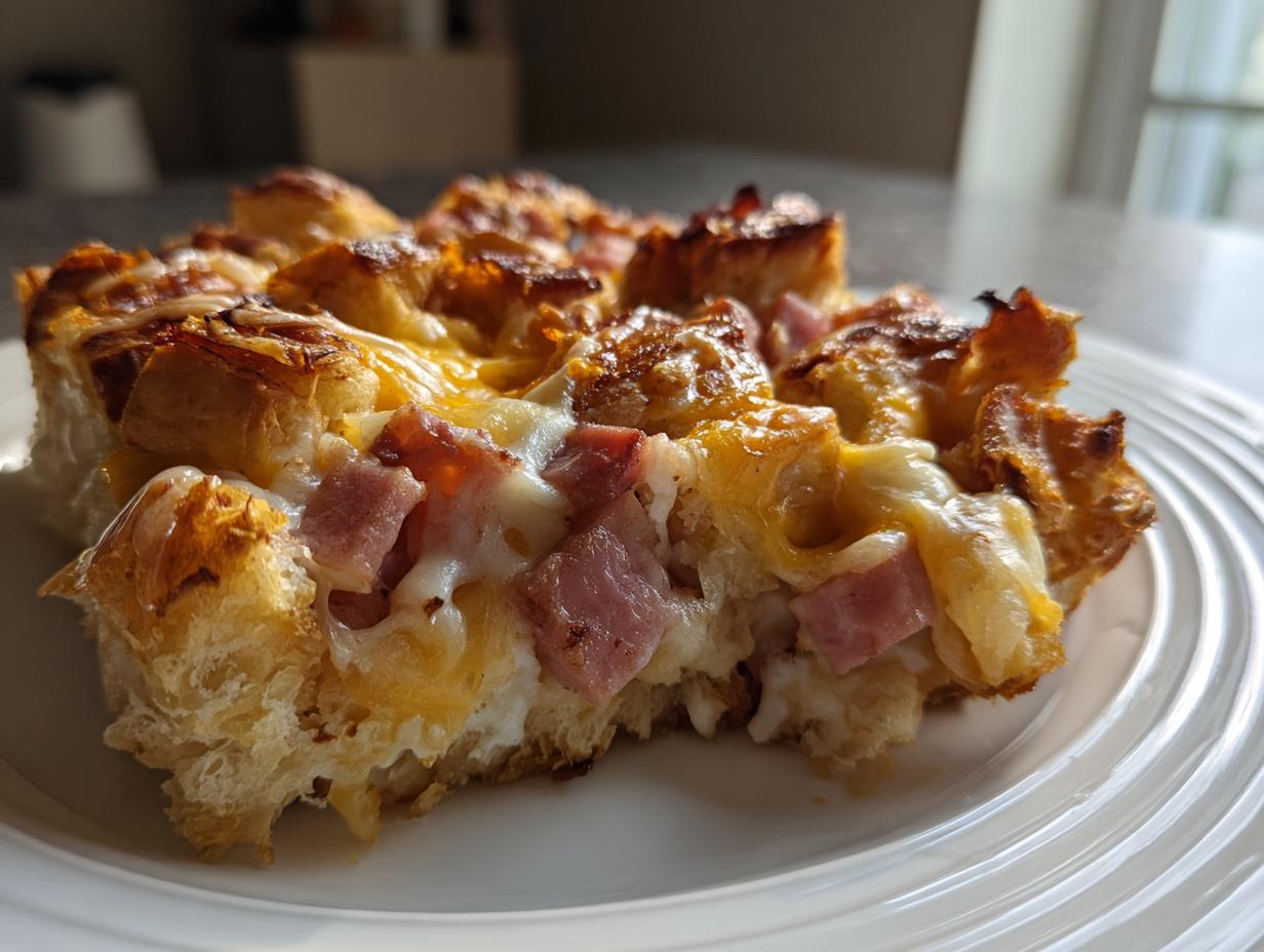 A close-up of a slice of ham and cheese croissant casserole, showing layers of flaky croissant, melted cheese, and diced ham.