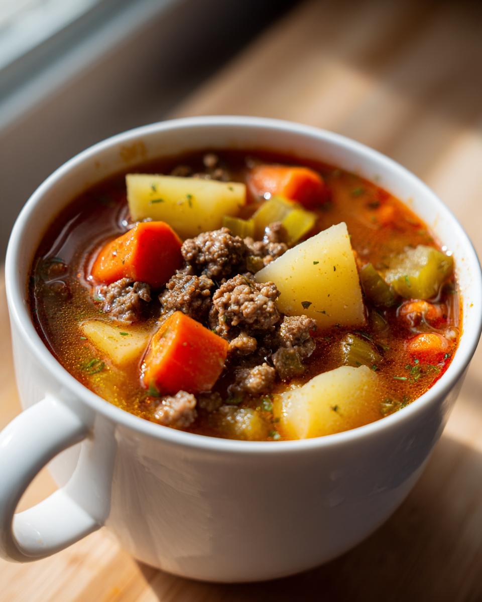 A close-up of a white bowl filled with hearty hamburger soup, featuring ground beef, potatoes, and carrots.