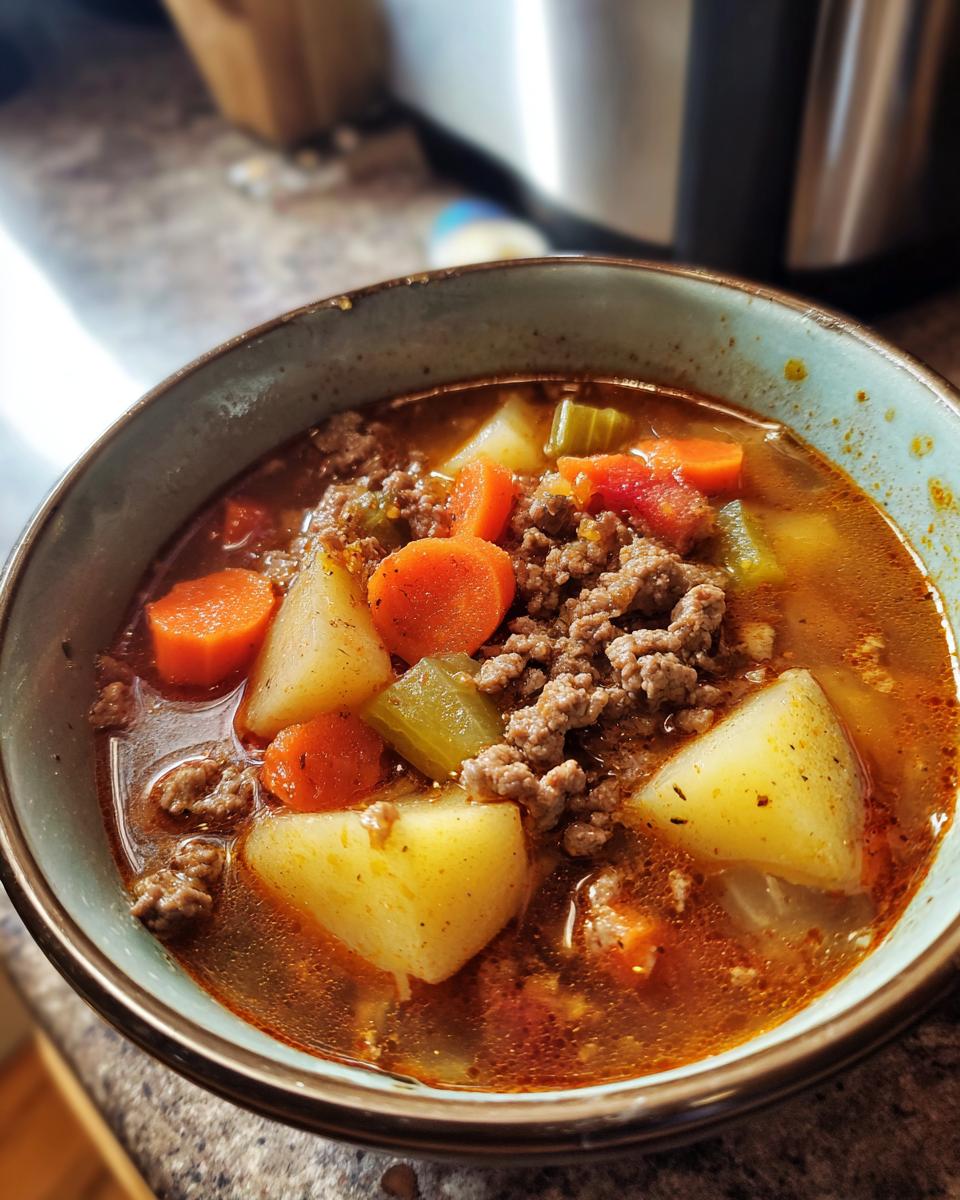A close-up bowl of hearty hamburger soup with ground beef, potatoes, carrots, and celery.