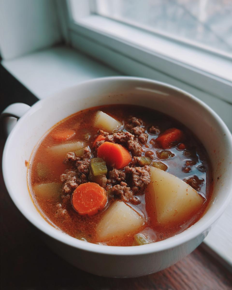 A close-up overhead view of a bowl of comforting hamburger soup, featuring ground beef, potatoes, carrots, and celery in a rich broth.