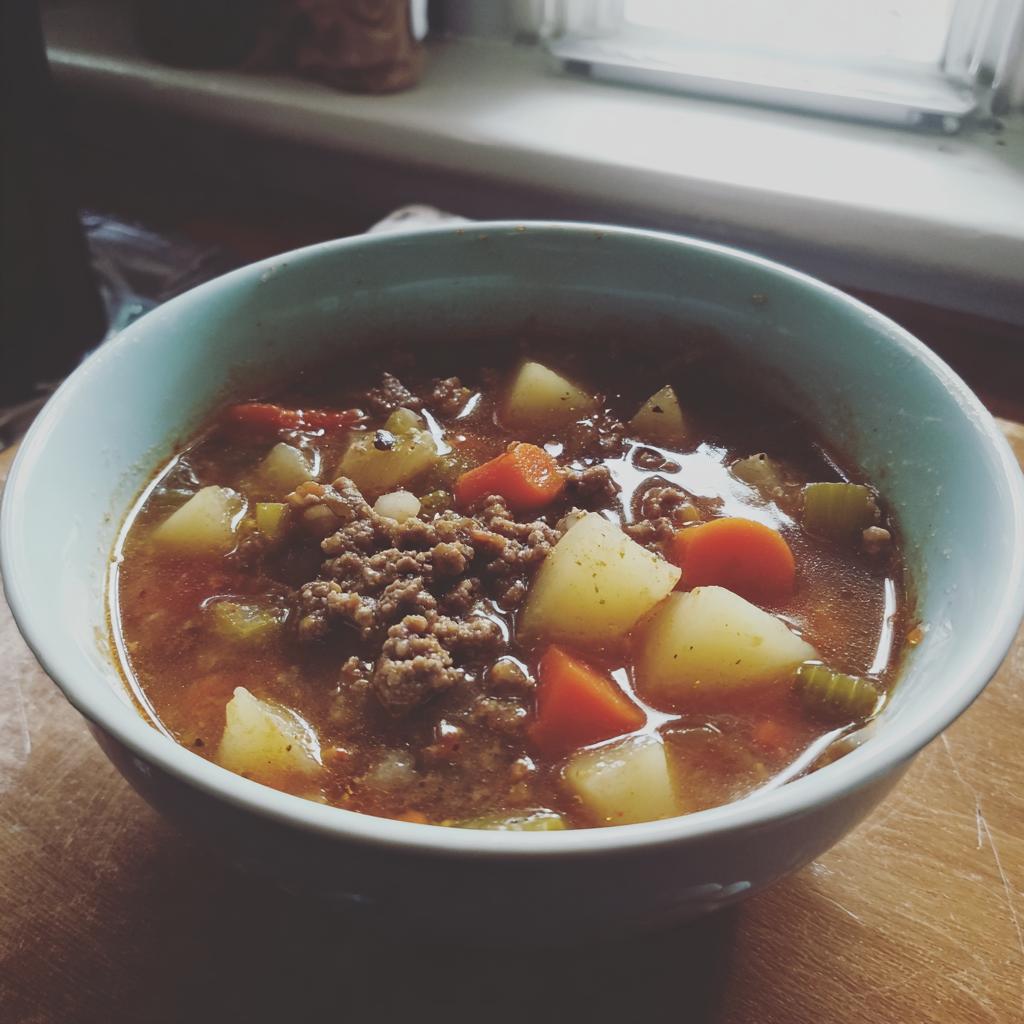 A close-up of a bowl of comforting hamburger soup, featuring ground beef, potatoes, carrots, and celery in a rich broth.