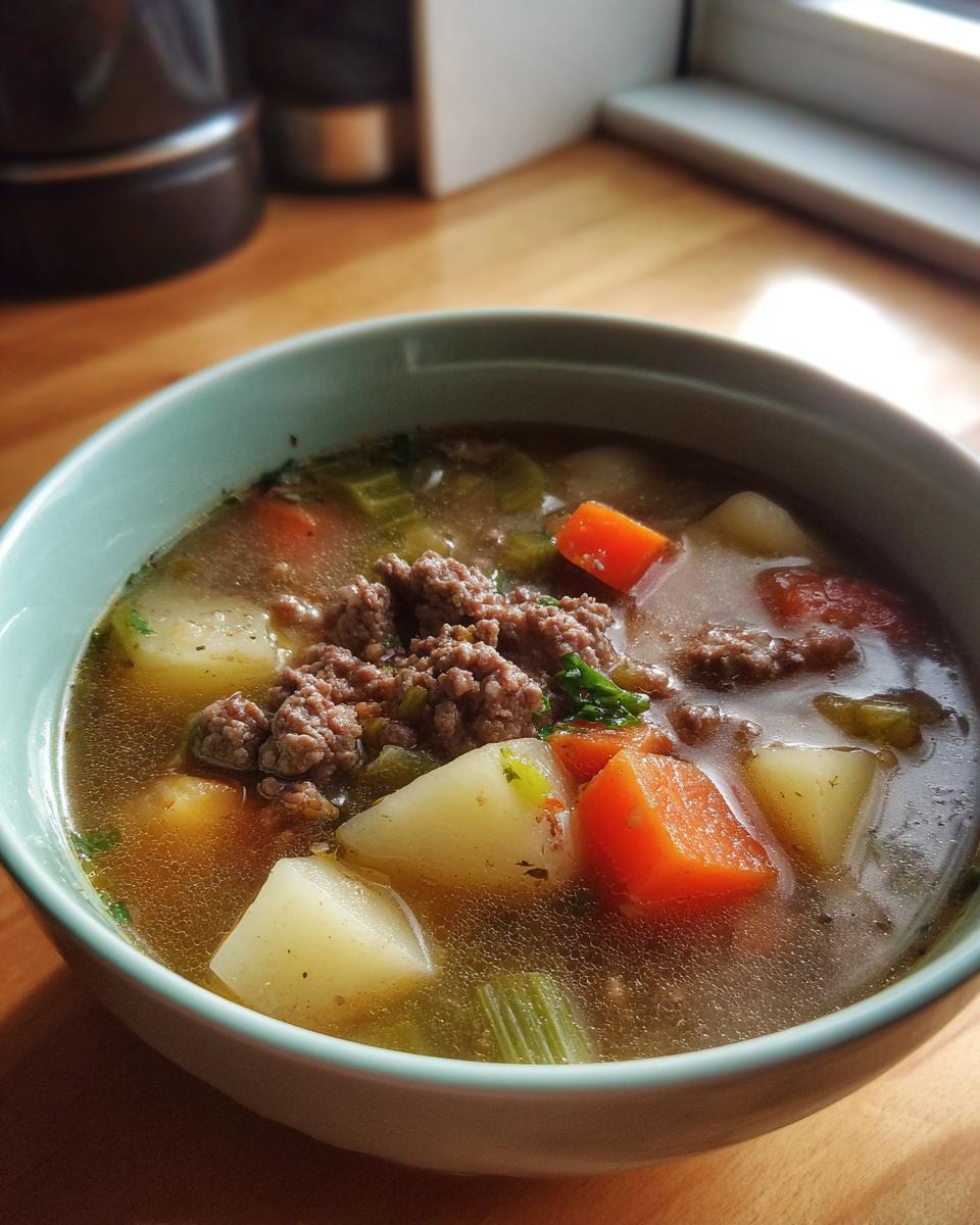 A close-up of a bowl of comforting hamburger soup, featuring ground beef, potatoes, carrots, and celery in a rich broth.