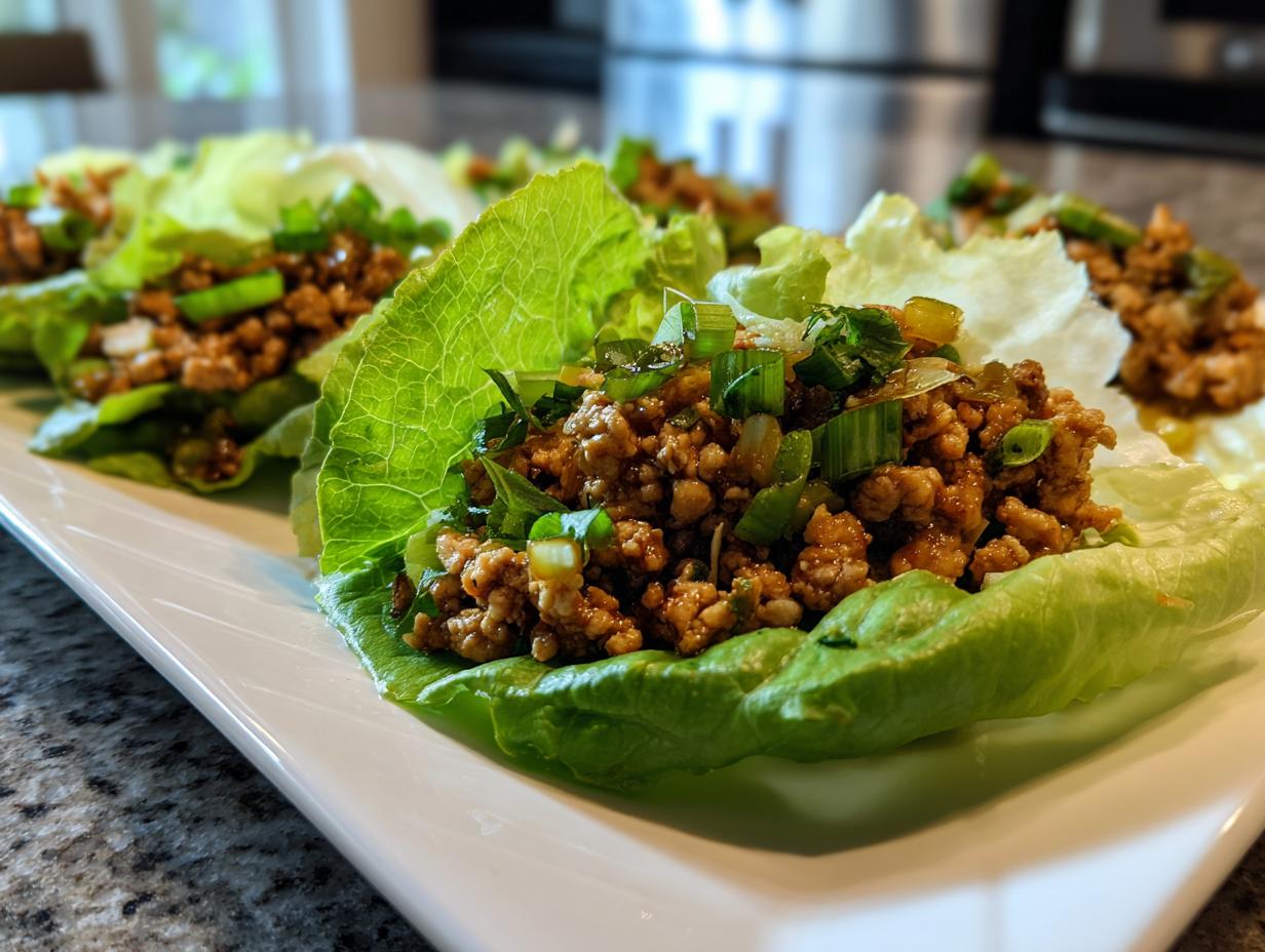 Close-up of fresh chicken lettuce wraps filled with seasoned ground chicken and topped with green onions. Healthy lunch idea.