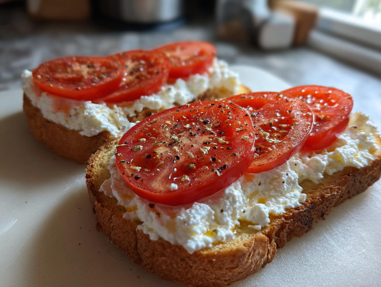 Two slices of healthy cottage cheese toast topped with fresh tomato slices and seasoned with herbs and pepper.