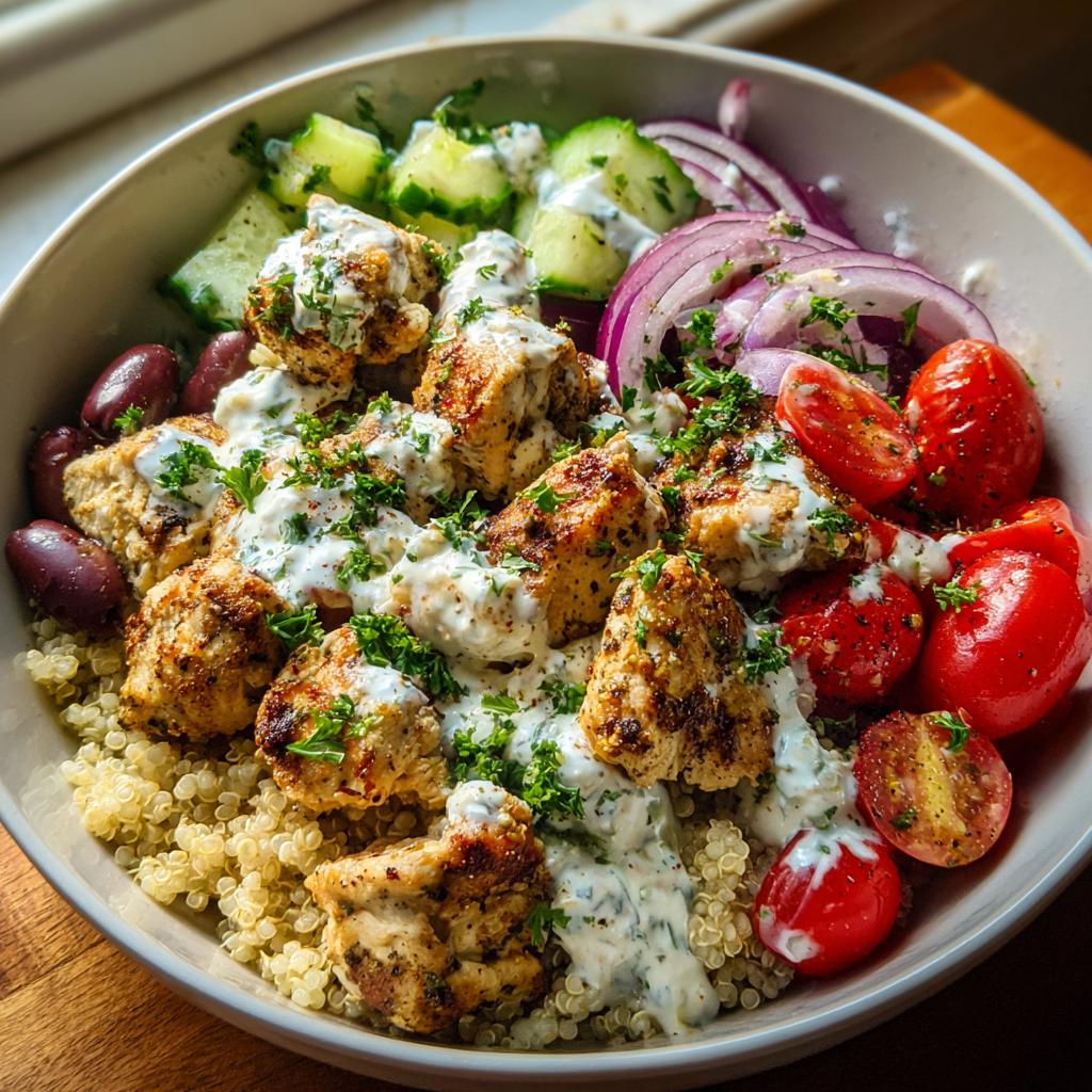 A vibrant Greek chicken bowl with quinoa, grilled chicken, tomatoes, cucumbers, red onion, olives, and a creamy yogurt sauce. Healthy lunch idea.
