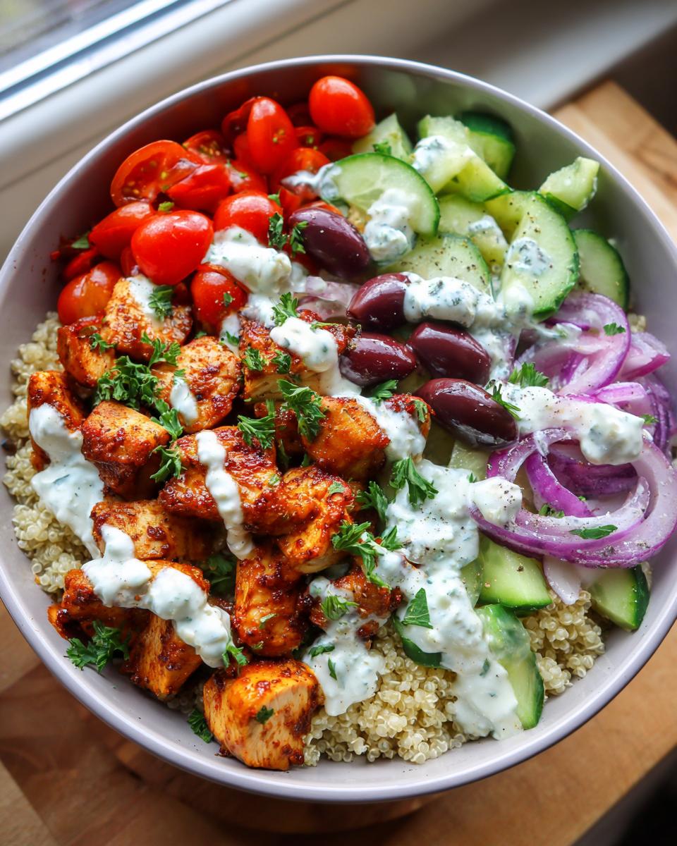 Close-up of a healthy Greek chicken bowl with quinoa, chicken, tomatoes, cucumber, olives, red onion, and tzatziki sauce.