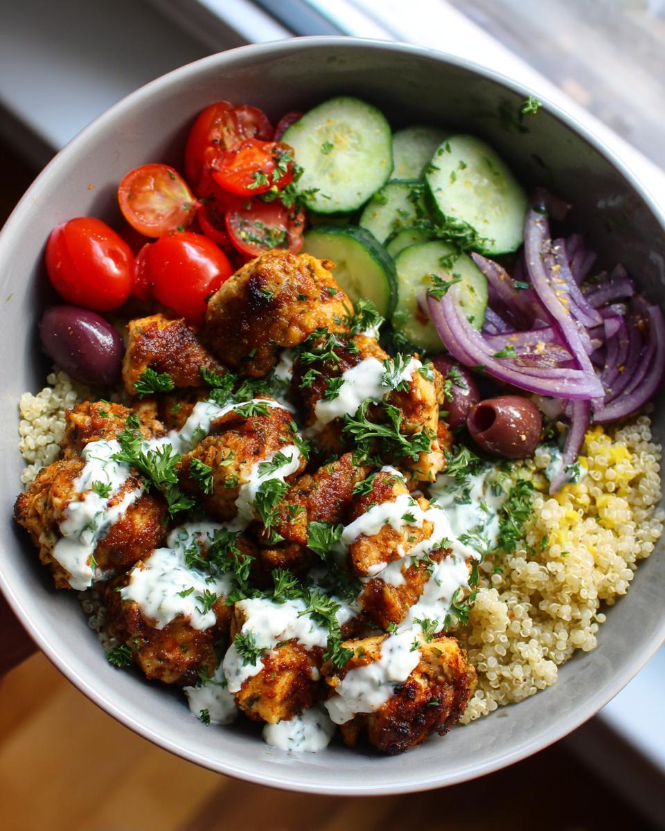 A healthy Greek chicken bowl with quinoa, chicken bites, tomatoes, cucumbers, olives, and red onion, drizzled with sauce.