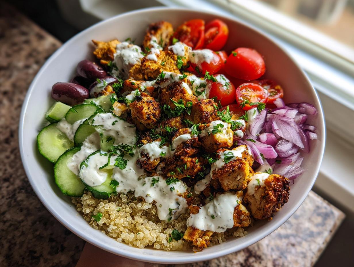 A vibrant bowl filled with quinoa, seasoned Greek chicken, cucumber slices, cherry tomatoes, red onion, olives, and drizzled with yogurt sauce.