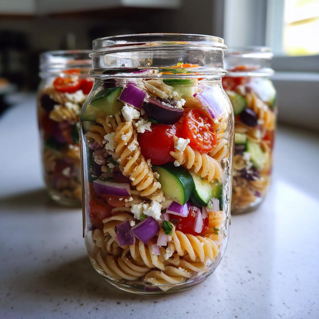 Close-up of a mason jar filled with colorful Mediterranean Pasta Salad, featuring rotini pasta, cherry tomatoes, cucumber, red onion, olives, and feta cheese.