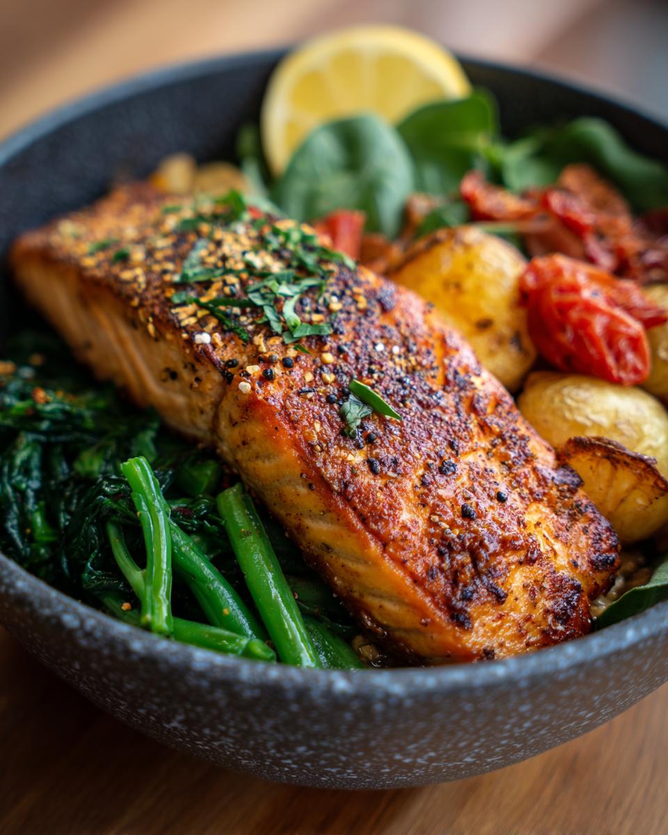 A close-up of a healthy salmon power bowl with roasted salmon, potatoes, greens, and tomatoes. Perfect for healthy lunch ideas.