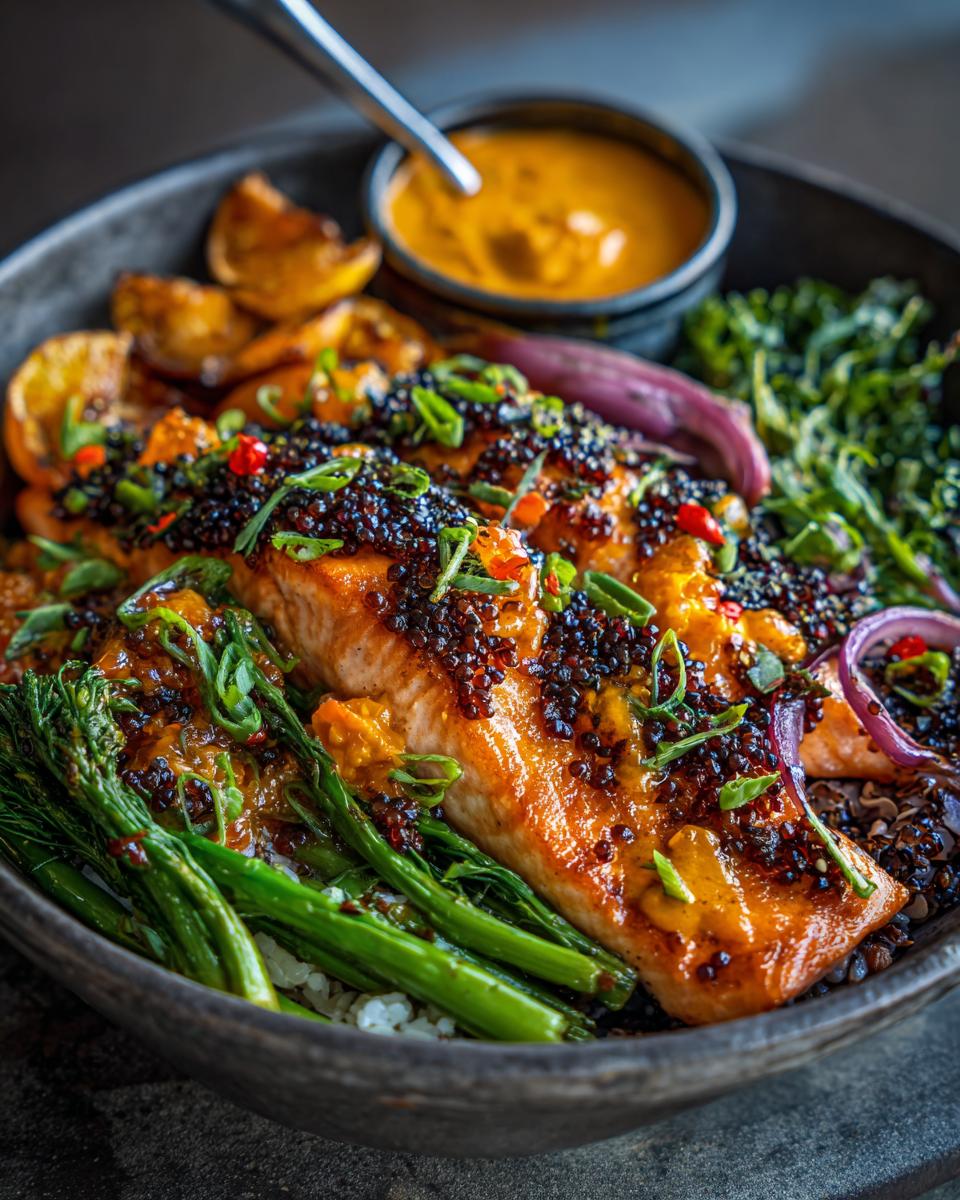 A vibrant and healthy salmon power bowl featuring flaky salmon fillets, broccolini, red onion, and a flavorful sauce, perfect for healthy lunch ideas.