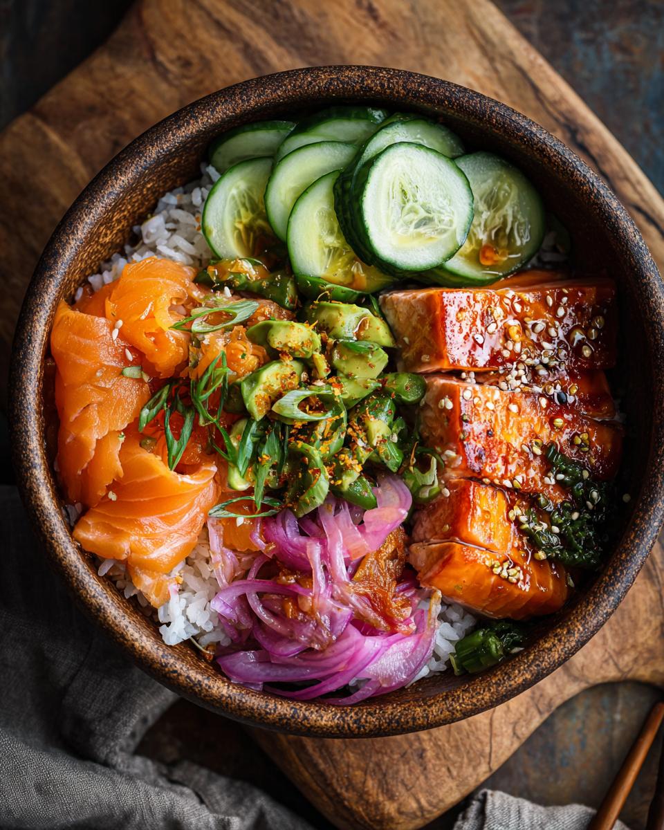 A vibrant and healthy salmon power bowl with rice, avocado, cucumber, and pickled onions.