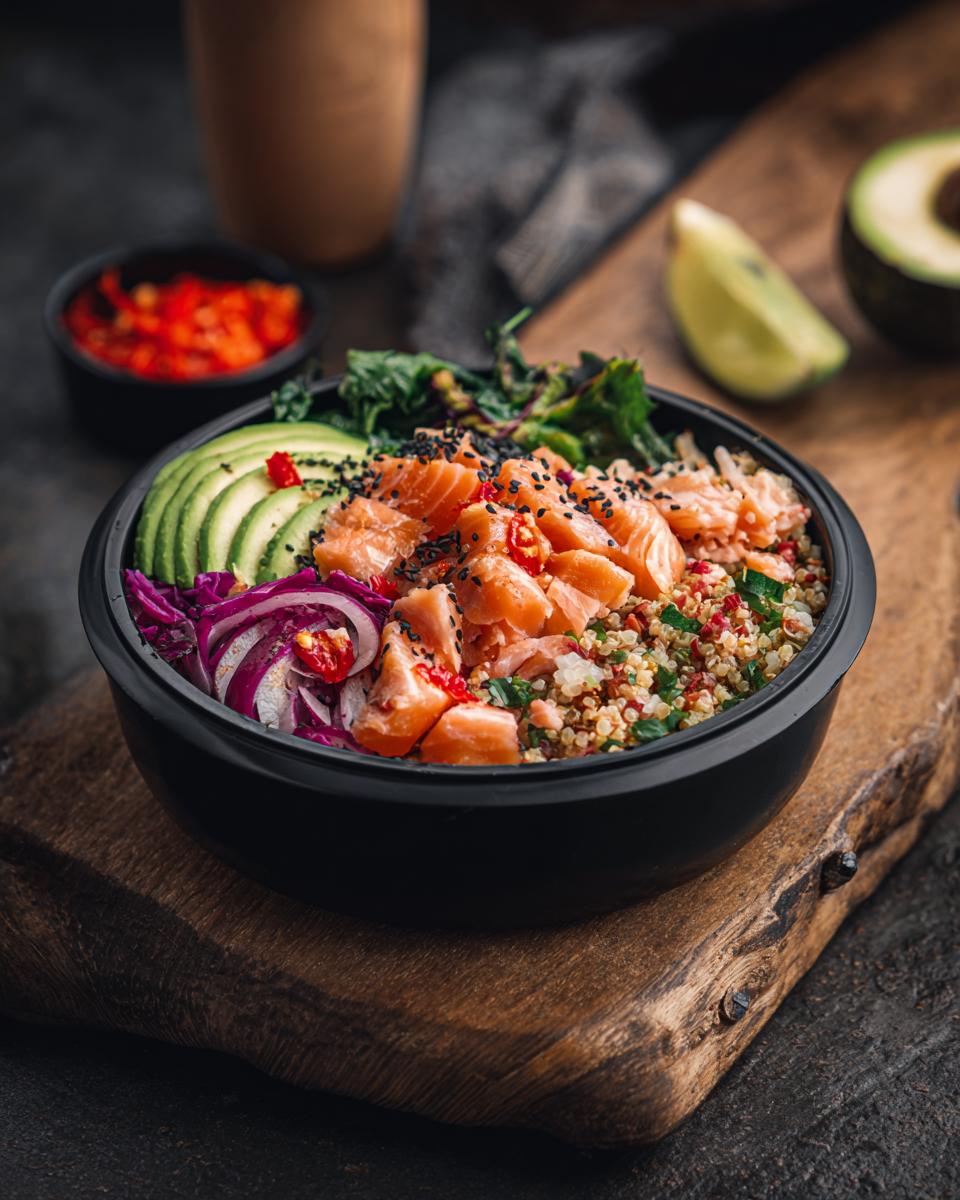 A vibrant and healthy salmon power bowl with quinoa, avocado, red onion, and greens, perfect for lunch.