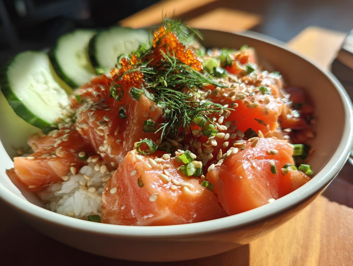Close-up of a healthy salmon power bowl with rice, fresh salmon cubes, cucumber slices, sesame seeds, and roe.