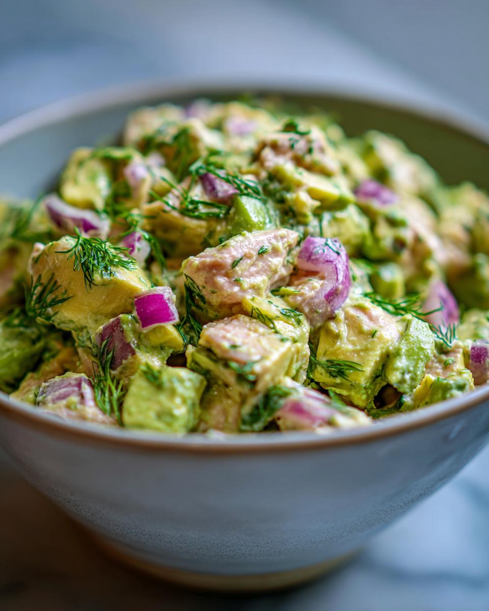 Close-up of a bowl filled with healthy tuna salad made with avocado, red onion, and fresh dill.