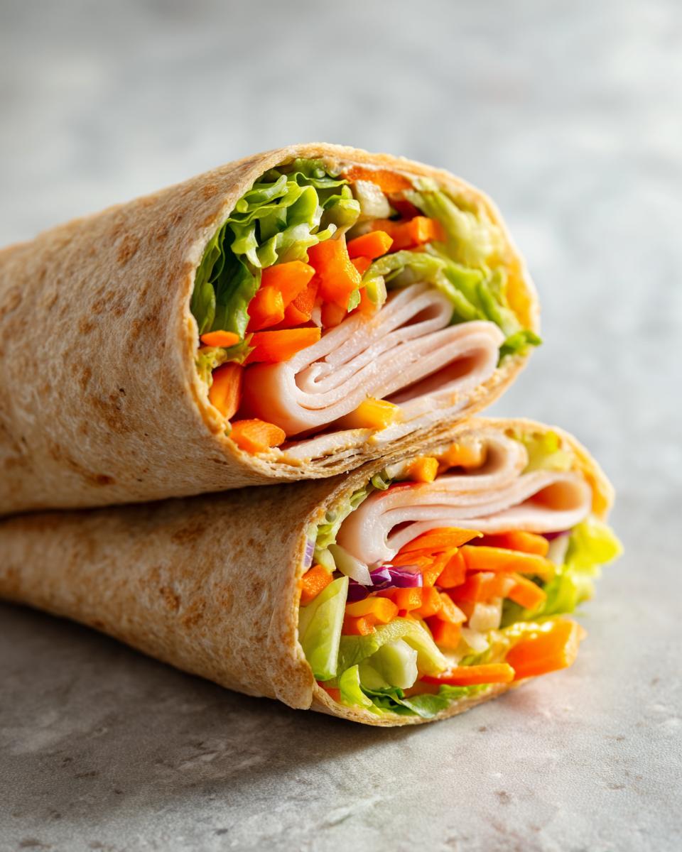Close-up of a healthy turkey wrap filled with sliced turkey, lettuce, shredded carrots, and red onion.