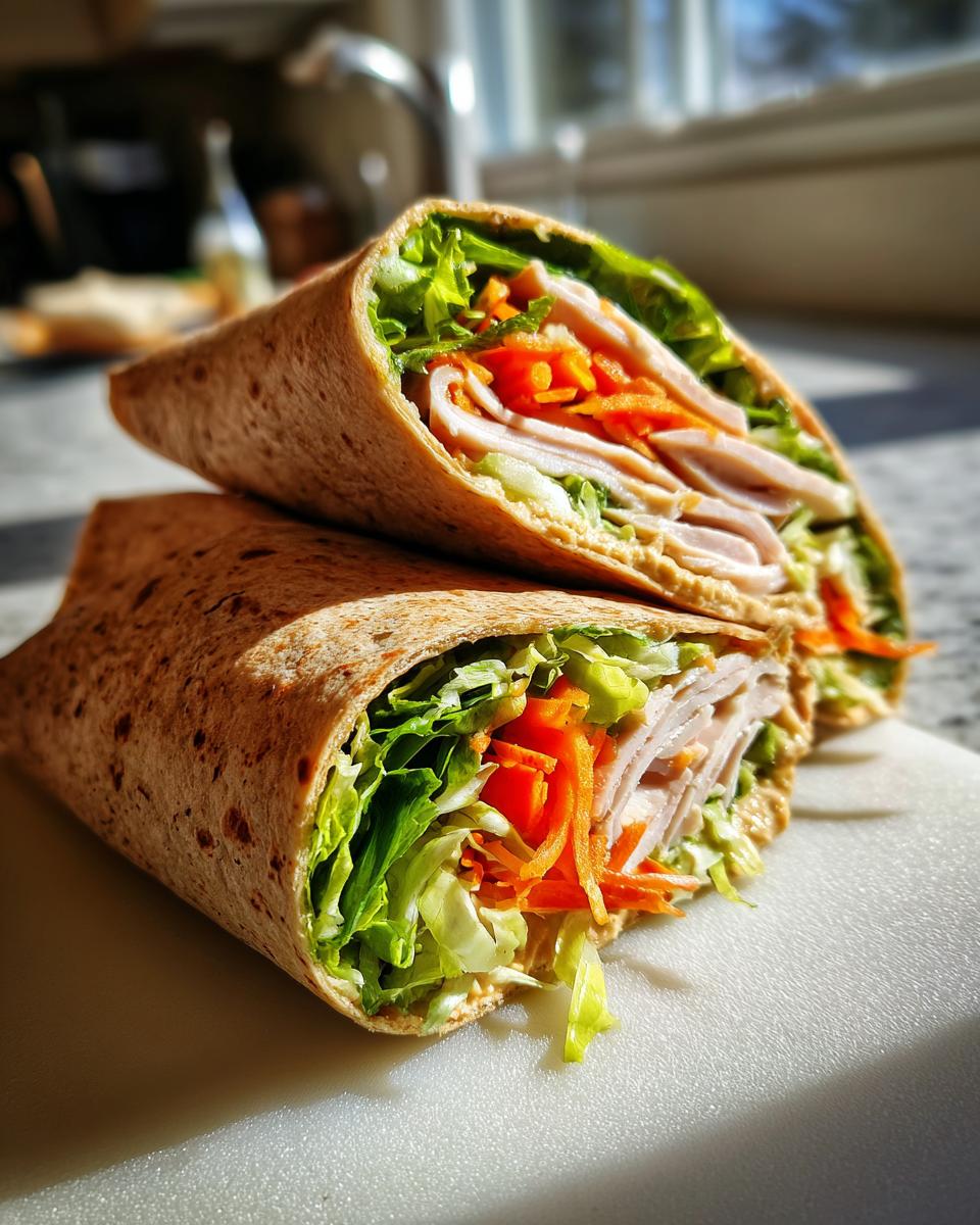 A close-up of a healthy turkey wrap cut in half, revealing layers of turkey, lettuce, and shredded carrots.